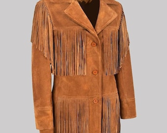 Women's Suede Leather Fringe Coat, Western Style Buttoned Tan Jacket