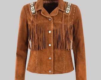 Women's Tan Suede Fringe Jacket | Western Beaded Trim Coat | Cropped Cowgirl Leather Jacket Gift