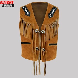 Men’s Genuine Suede Leather Fringe Vest – Western Cowboy Style with Beaded Detail