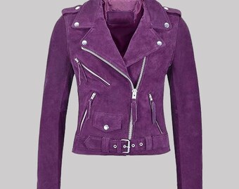 Purple Suede Biker Jacket: 90s Vintage Moto Coat
