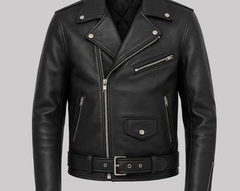 Handmade Black Cowhide Leather Motorcycle Jacket | Men's Zipper Biker Moto Style Real  Leather Coat