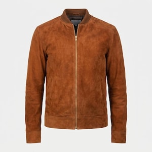 Men's Brown Suede Bomber Jacket, Genuine Leather Casual Fall Coat,  Gift for Him