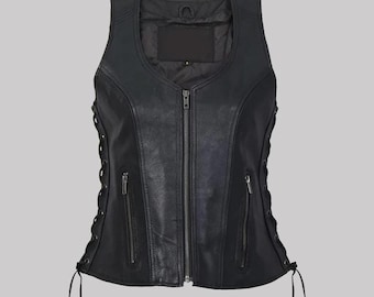 Women's Leather Vest with Side Lace, Zip Up Design in Black