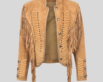 Women’s Fringe Suede Leather Jacket – Vintage Western Leather Jackets Women, Cowgirl Tan Handmade Coat