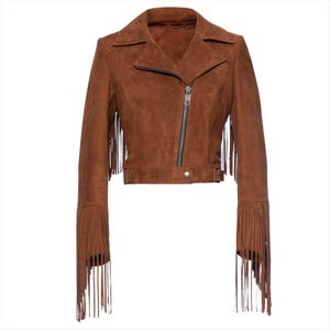 Women&#39;s Brown 100% Genuine Suede Leather Fringe Jacket, Western Style Suede Leather Fringe Jacket