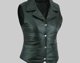 Womens Leather Vest, Genuine Black Sleeveless Jacket