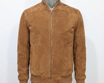 Men's Suede Leather Bomber Jacket, Genuine Leather Casual Zip Coat