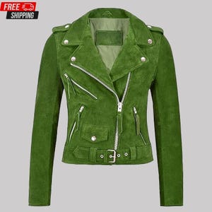 Women’s Vintage-Inspired Green Suede Leather Jacket – Cowgirl Western Biker Style