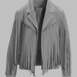Women&#39;s Gray Suede Fringe Jacket | Western Cowgirl Cropped Leather Coat | Handmade Real Suede Festival Jacket | Fringe Outerwear