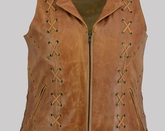 Gilet da donna in pelle con dettagli allacciati / da equitazione