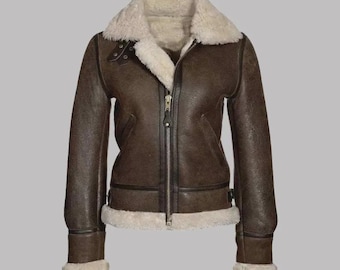 Women's Brown Shearling Leather Aviator Jacket | Warm B3 Bomber Winter Coat