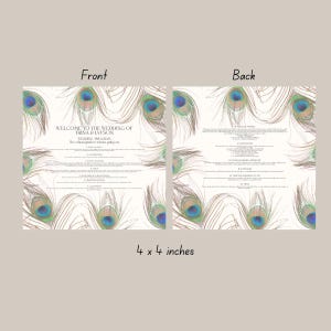 Könnte beinhalten: Ein Hochzeitsprogramm mit einem Pfauenfeder-Design. Die Vorderseite des Programms lautet "Willkommen zur Hochzeit von Trina & Jayson" und enthält das Hochzeitsprogramm. Die Rückseite des Programms enthält die Namen der Hochzeitsgesellschaft. Das Programm ist 4 x 4 Zoll groß.