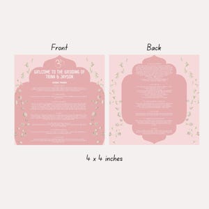 May include: A pink wedding invitation with a white floral design. The front of the invitation says "Welcome to the wedding of Trina & Jayson". The back of the invitation has a list of wedding events.