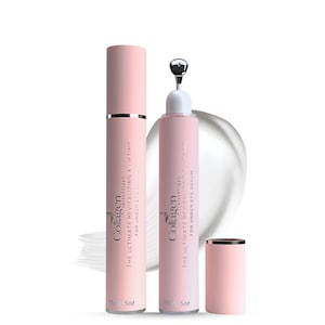 Puede incluir: Dos tubos cosméticos rosas con detalles plateados y la palabra "Collagen" impresa. Los tubos están etiquetados como "The Ultimate Revitalizing & Lifting For Under Eye" y "For Under Eye Serum". Un tubo tiene un aplicador metálico.