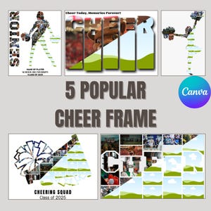 May include: Five different photo collage templates featuring the word "CHEER" in a variety of styles. Each template includes a space for photos and text. The templates are perfect for cheerleading teams, school events, or any other occasion.