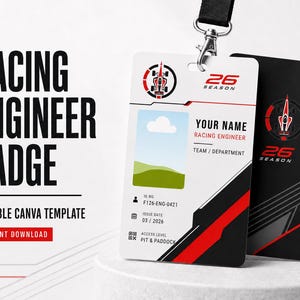 Pode incluir: Um modelo de crachá para engenheiro de corrida em branco e preto com um logótipo de carro de corrida vermelho, o texto 26 SEASON, um espaço para foto e campos para nome, departamento, ID F126-ENG-0421, data 03/2026 e nível PIT & PADDOCK.