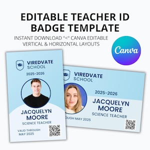 Teacher ID Card Template | Editable School Name Badge | Custom Teacher ID | Homeschool & Student ID | Instant Canva Download