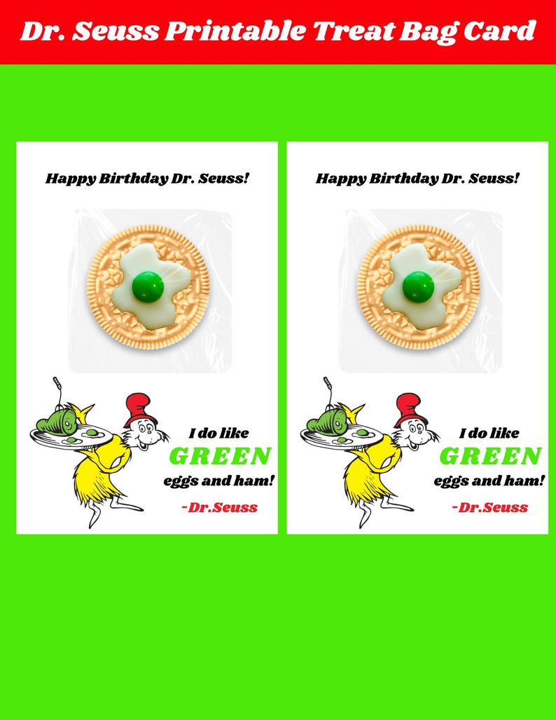Dr. Seuss Treat Bag Cards, Dr. Seuss Printable, Green Eggs and Ham ...