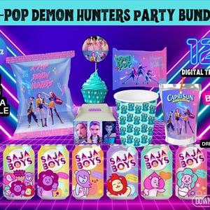 K-Pop Demon Hunters-feestbundel – 12+ digitale downloads | Etiketten voor zakjes, Capri Sun, popringsjabloon, cupcaketoppers en meer |