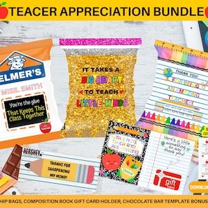 Semaine d'appréciation des enseignants | Modèles Canva, crayons, bâtons de colle et sacs à puces pour la classe, emballage Hershey, porte-cartes cadeau avec étiquette cadeau en prime