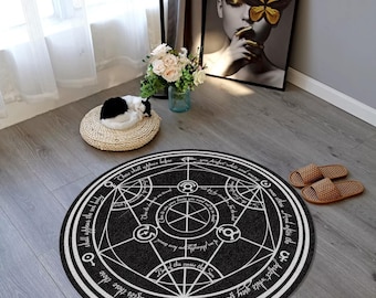 May include: Black and white round rug with a large circle design and text that reads "Those shall affirm before you perfect what is and cannot move, those shall affirm the end of this course, and offer their lives, and find the gate that leads to the other side".