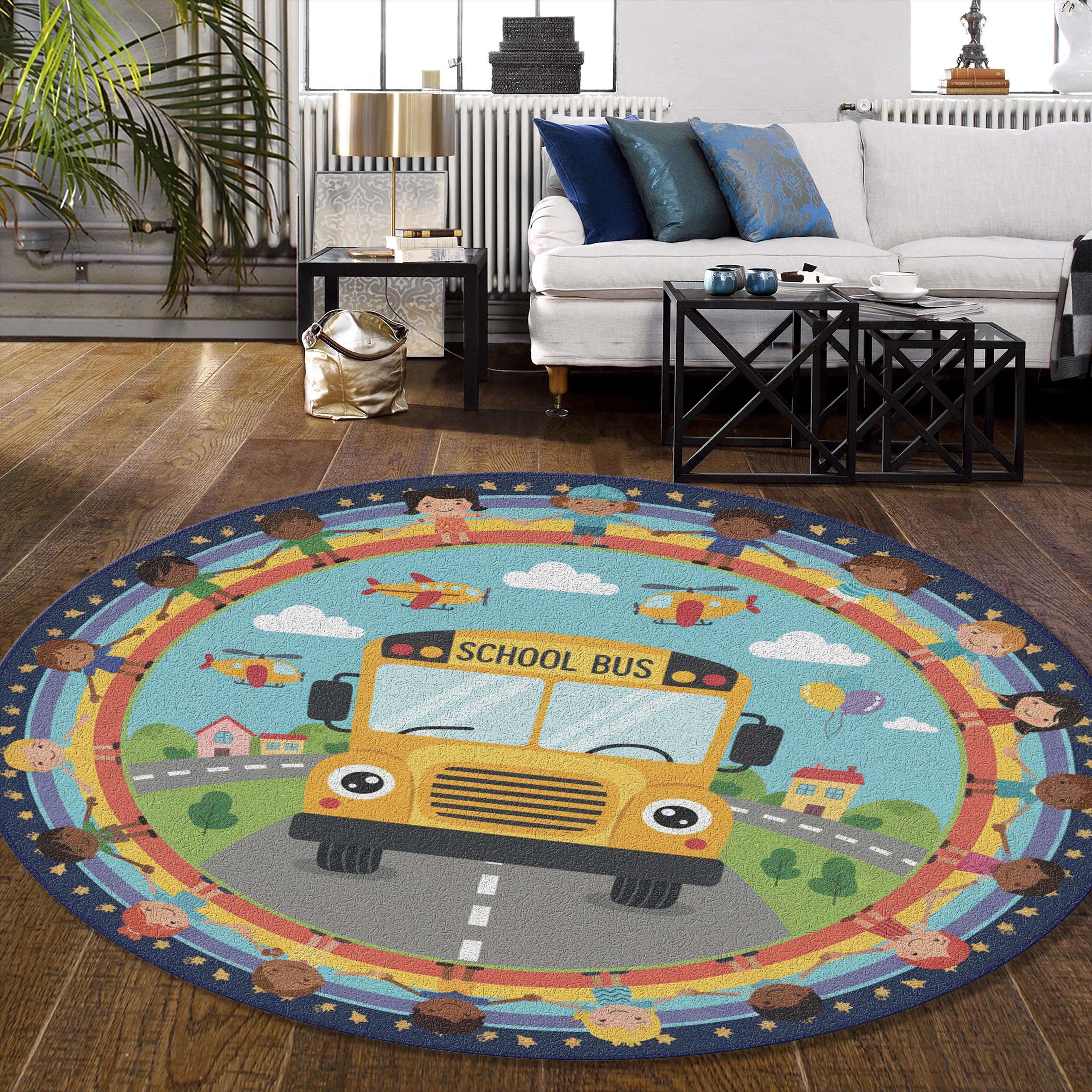 School Bus Round Rug | Diverse Children Classroom Decor | Personalized ...