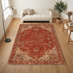 Vintage Persian Area Rug | Distressed Rust Red Terracotta Medallion Living Room Decor | Washable Non-Slip Low Pile | Traditional Gift