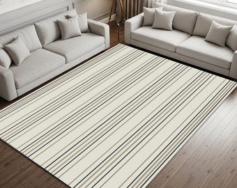 Minimal Striped Area Rug, Neutral Beige Modern Rug, Scandinavian Japandi Carpet for Living Room Bedroom