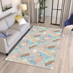 Coastal Macrame Sea Area Rug | Beach House Bathroom Carpet | Washable Non-Slip Nautical Mat | Wedding Gift | Ocean Seashell Boho Home Decor