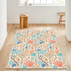 Coastal Macrame Sea Rug | Beach House Bedroom Carpet | Washable Non-Slip Seashell Mat | Wedding Gift | Nautical Ocean Boho Decor
