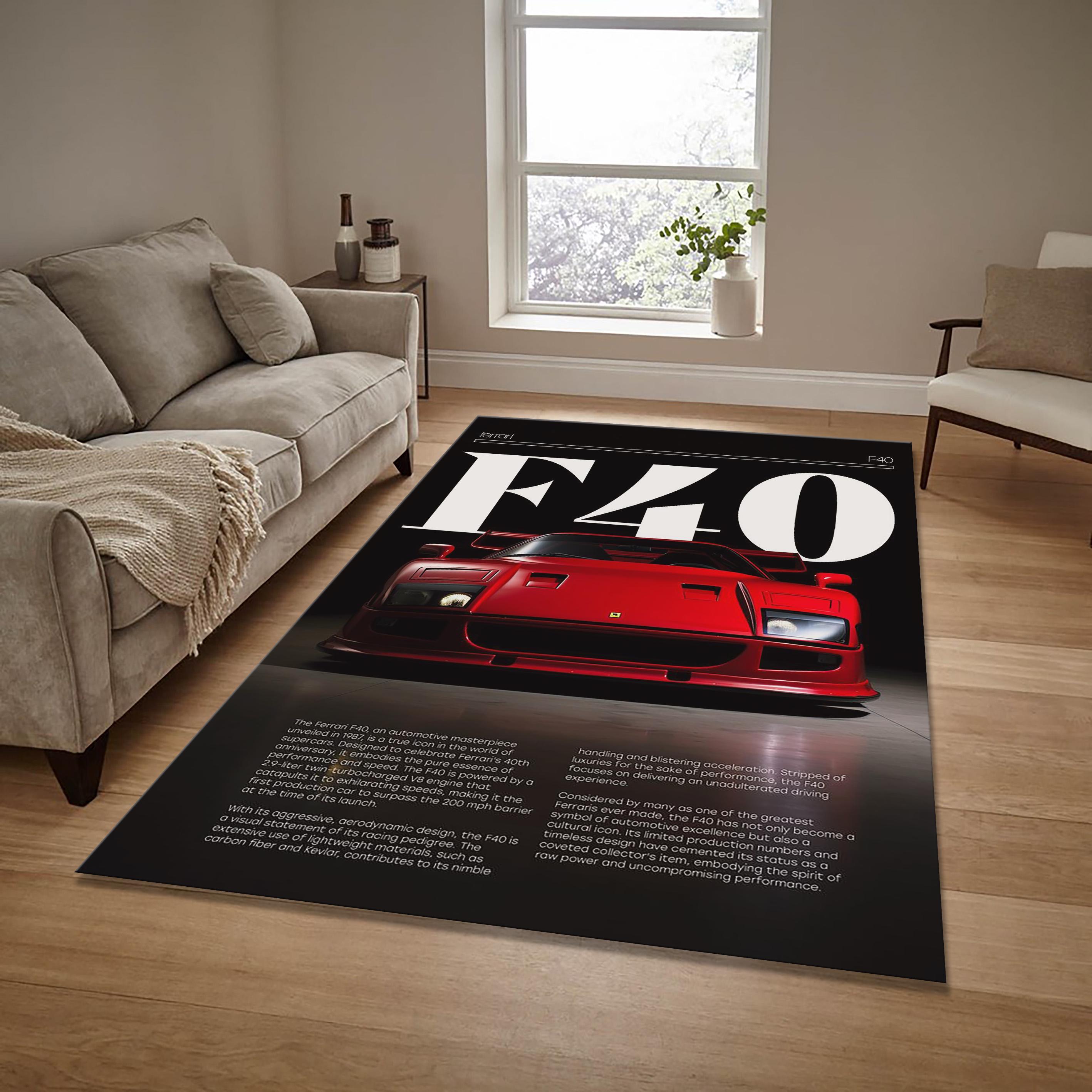 Ferrari F40 Rug, Vintage Ferrari Rug, Stylish Ferrari Car Rug, Sports Car Print Rug, retro car rug, Gift for Car Lovers, Man Cave, 10x12 Rug