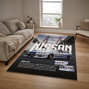 Nissan R34 Rug , retro car rug, Sports Car Print Rug, Gift for Car Lovers, Man Cave, 10x12 Rug, Area Rug, Gift for son, JDM car tuners rug