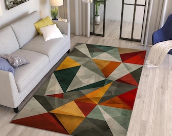 Alfombra geométrica abstracta: diseño triangular colorido, antideslizante.