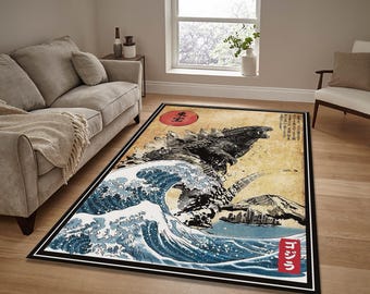 May include: Rectangular area rug featuring a Godzilla-themed design. The rug showcases a black Godzilla figure, a large blue and white wave, and a red sun against a beige background. The rug has a black border and Japanese text.