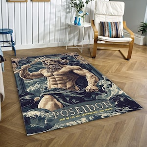 May include: Rectangular area rug featuring an illustration of Poseidon, the Greek god of the sea, holding a trident. The rug has a dark blue border and depicts waves and the text "Poseidon, God of the Sea, Earthquakes, and Horses."