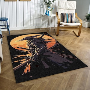 Samurai Twilight Rug, Samurai Warrior Rug, Japanese Art Rug, Painting Rug,  Dark Warrior Rug, Bedroom rug, Decorative rug, Japan Themed Rug