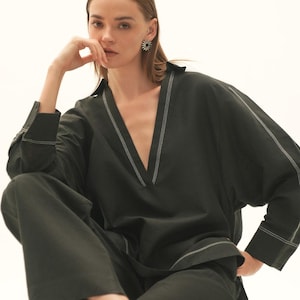 Linen Blend Blouse Contrasting Top Stitches Loose Linen Blouse Long Sleeved Top Linen Top
