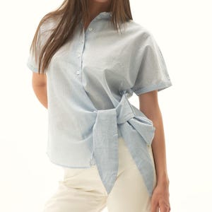 Blue Striped Shirt/Blouse With Side Knot Half Sleeves Top for Classic Style Women Shirt For Summer Wardrobe Classic Elegant Shirt For Women