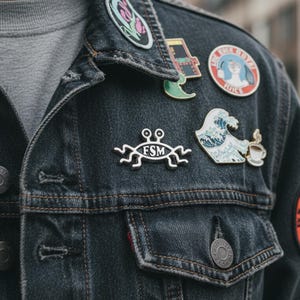 May include: A dark denim jacket adorned with various enamel pins. The pins include a silver FSM (Flying Spaghetti Monster) design, a wave with a coffee cup, and other colorful graphics. The jacket has a classic button-down design.