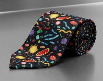 Microbiology Tie | Science Necktie for Men | Colorful Germs Pattern on Black | Biology Teacher Gift | Lab Nerd Novelty Tie
