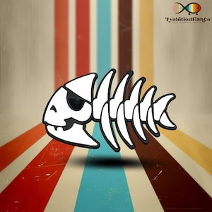 May include: White fish skeleton with a black eye patch, a black outline, and a black background. The fish is facing the left side of the image. The background is a striped pattern of red, orange, yellow, brown, blue, and green.