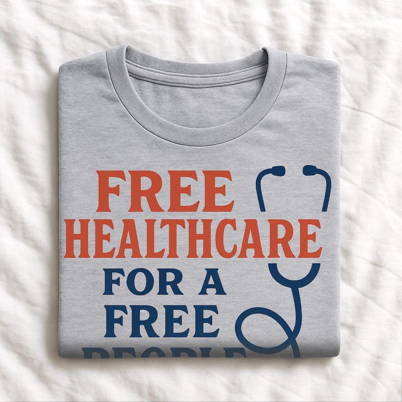 May include: A gray t-shirt with the words "FREE HEALTHCARE FOR A FREE" in red and blue block letters. A blue stethoscope graphic is on the right side of the text. The shirt is folded on a white surface.