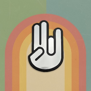 May include: A silver-colored hand gesture with a black outline, set against a backdrop of a rainbow arch and a textured green and tan background. The hand shows the fingers for the 'hang loose' sign.