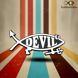 Devil Fish with Horns & Pitchfork Plastic Parody Auto Emblem