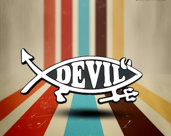 Devil Fish with Horns & Pitchfork Plastic Parody Auto Emblem