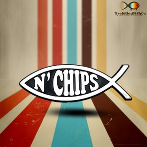 May include: Black and white fish-shaped icon with the text "N' CHIPS" in white letters. The icon is against a background of colourful vertical stripes.