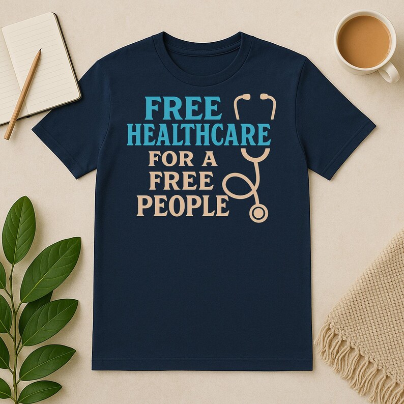 May include: Navy blue t-shirt with the text "FREE HEALTHCARE FOR A FREE PEOPLE" in light blue and beige. A beige stethoscope graphic is to the right of the text. The shirt is a short-sleeved crew neck.