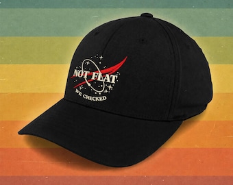 Not Flat We Checked Embroidered Hat, Funny Science Baseball Cap, Navy Space Cap