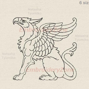 Könnte beinhalten: Linienkunst-Stickerei-Design eines Greifens, einer mythischen Kreatur mit dem Kopf und den Flügeln eines Adlers und dem Körper eines Löwen. Das Design ist in sechs Größen erhältlich.