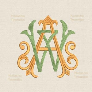 May include: A monogram design featuring the letters "A" and "W" in a gold color with green accents. The letters are intertwined and have a decorative flourish. The text "Natasha Tyumiko" appears below the monogram.